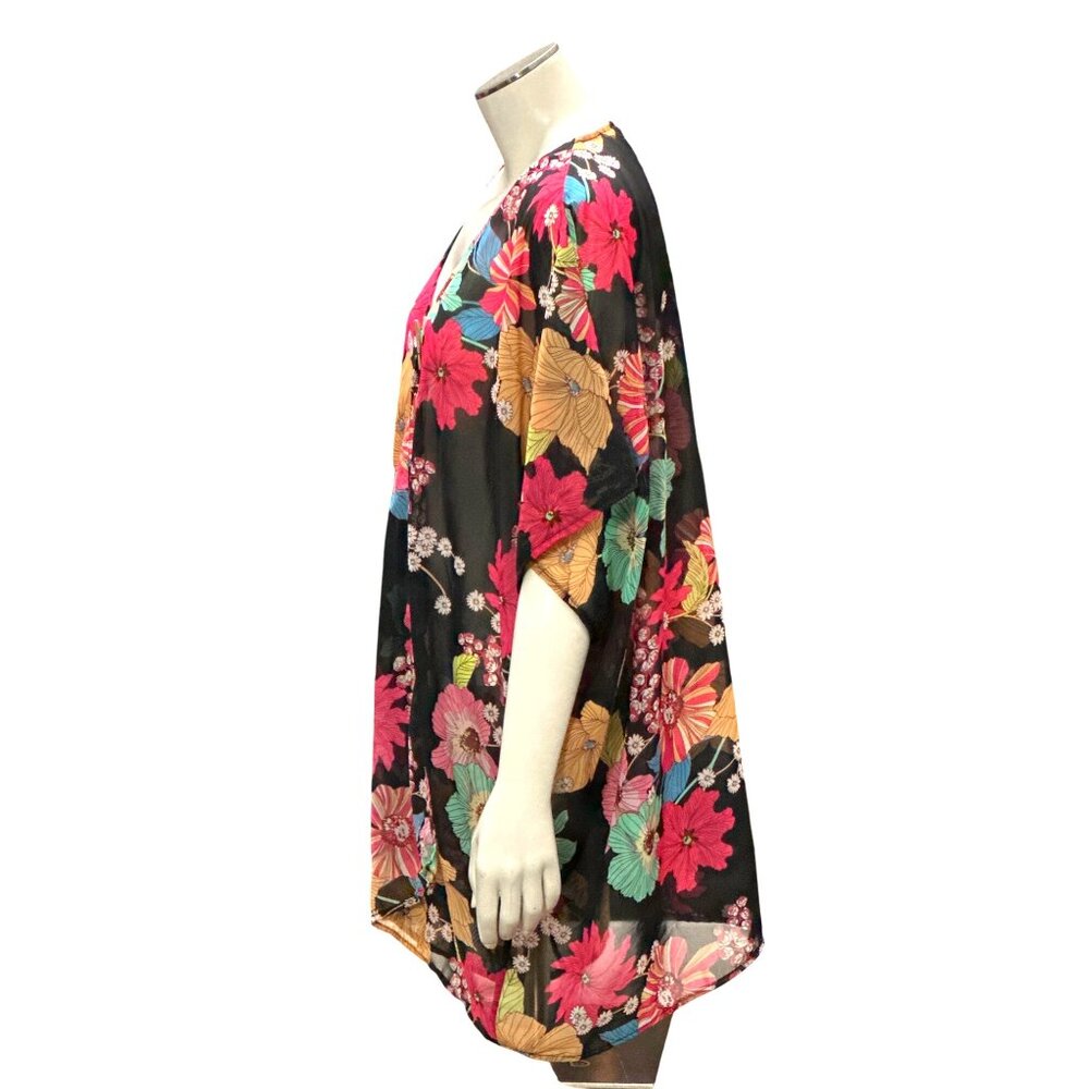CCC Floral Sheer Black Print Tunic Cover Up V Neck Dolman Sleeves Resort Wear - Picture 2 of 7